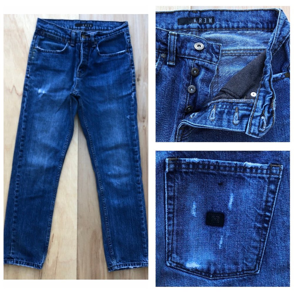 KR3W KSTANDARD BUTTON FLY Men’s Destructed Artisan Blue Jeans sz 28W x 29L